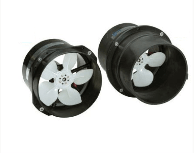 Inline Continuous Blower 16,600 L/min -24V showing advanced fan blade design for effective air circulation.