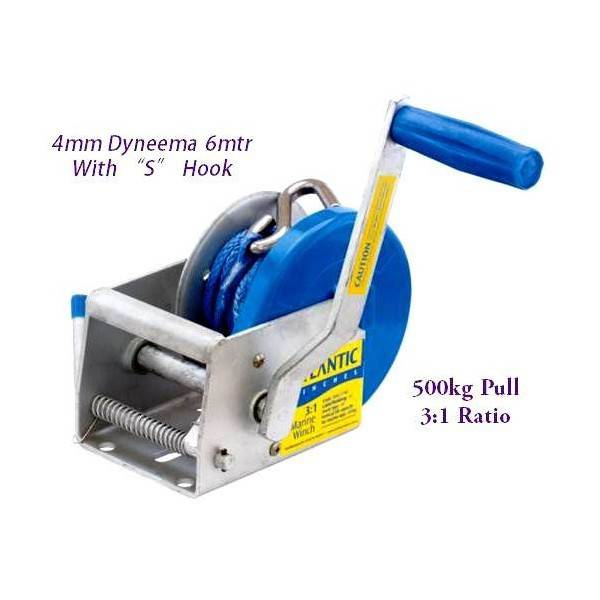 Winch - Light Trailer With D.Rope 500kg, featuring 4mm Dyneema 6mtr rope and S hook, 500kg pull, 3:1 ratio.