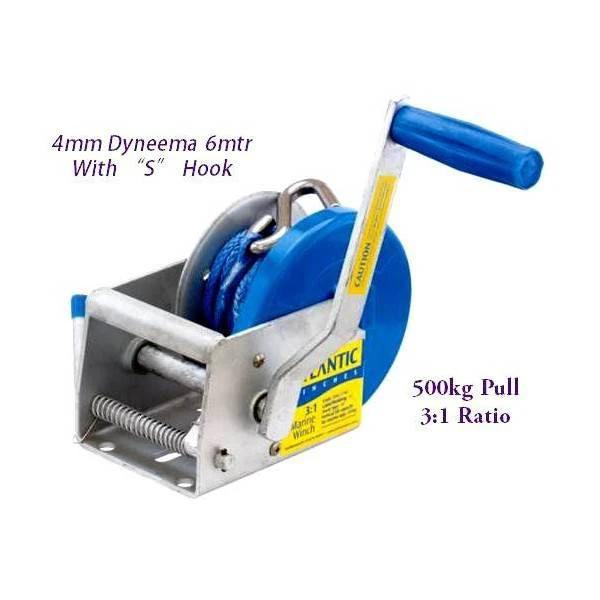 Winch - Light Trailer With D.Rope 500kg, featuring 4mm Dyneema 6mtr rope and S hook, 500kg pull, 3:1 ratio.