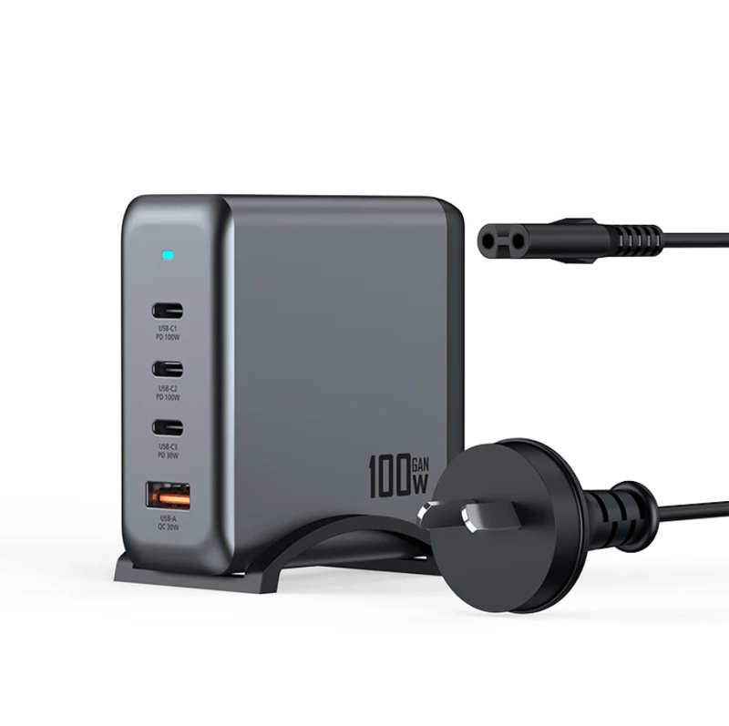techplus 100W 4-Port GaN Desktop Charging Station – 3 USB-C, 1 USB-A | 1.8M Power Cord (AU9) - Black 100W 4-Port GaN Desktop Charging Station – 3 USB-C, 1 USB-A | 1.8M Power Cord (AU9) - Black