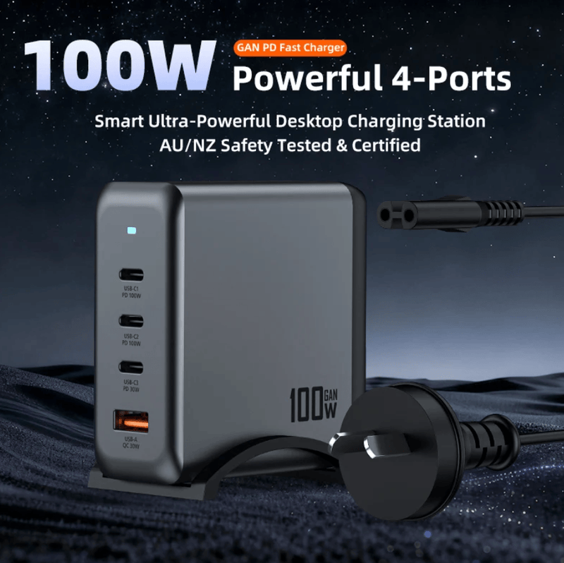 techplus 100W 4-Port GaN Desktop Charging Station – 3 USB-C, 1 USB-A | 1.8M Power Cord (AU9) - Black 100W 4-Port GaN Desktop Charging Station – 3 USB-C, 1 USB-A | 1.8M Power Cord (AU9) - Black