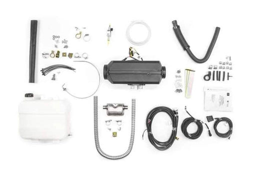 Autoterm 4D Diesel Heater With Single RV Outlet Kit - 24V components and accessories laid out on a white background.