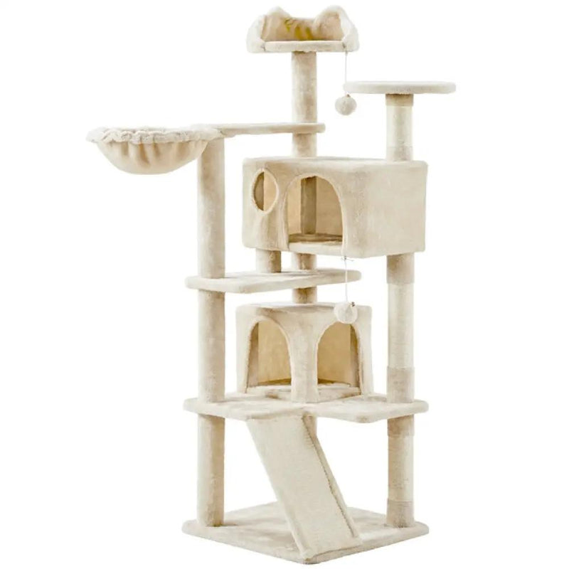Cat Tree Condo Kitten Tree Tower w/ 2 Condos & Dangling Ball & Round Platform & Ladder by Yaheetech