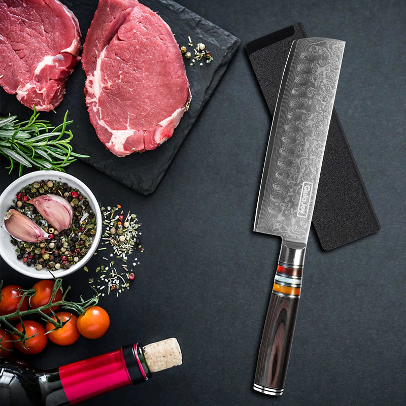 Qulajoy 7 Inch Nakiri Chef Knife,Professional Japanese 67 Layers Damascus VG-10 Steel Core,Hammered Vegetable Cutting Knife,Ergonomic Pakkawood Handle With Sheath - Santoku Knife by China Dropship
