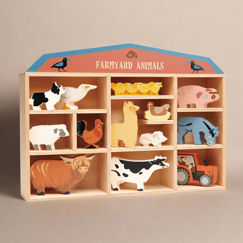 Wooden Farmyard Animals Set with Display Shelf – Tender Leaf Toys by Curious Moonbeam