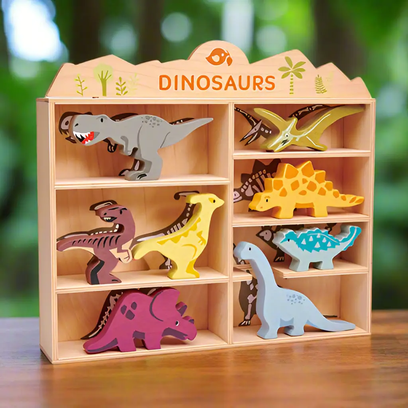 Wooden Dinosaur Toy Set with Display Unit - Tender Leaf Toys by Curious Moonbeam