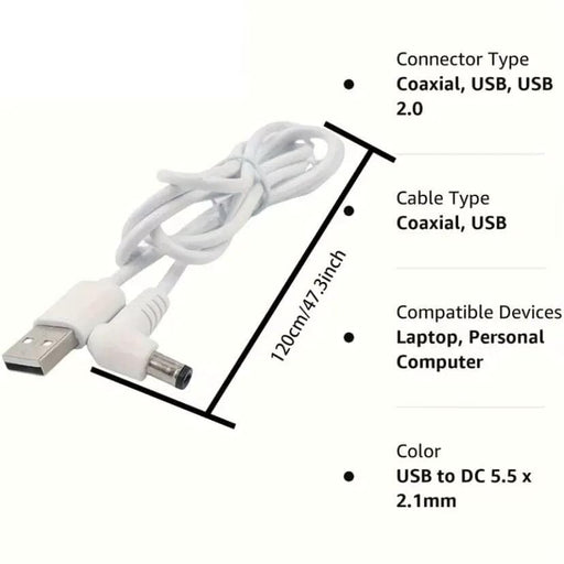 9eight5 Electronics Accessories Barrel Jack Power Cable (Elbow) - 5.5mm x 2.1mm charger (White) 1m Barrel Jack Power Cable (Elbow) - 5.5mm x 2.1mm charger (White) 1m