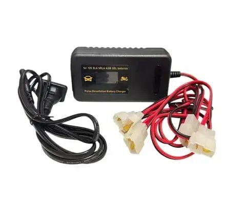 Battery charger for 12V SLA, VRLA, and GEL batteries with multiple connection wires.