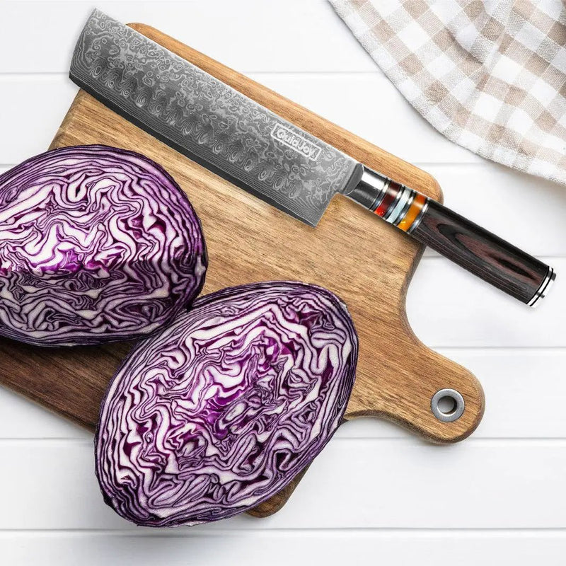 Qulajoy 7 Inch Nakiri Chef Knife,Professional Japanese 67 Layers Damascus VG-10 Steel Core,Hammered Vegetable Cutting Knife,Ergonomic Pakkawood Handle With Sheath - Santoku Knife by China Dropship