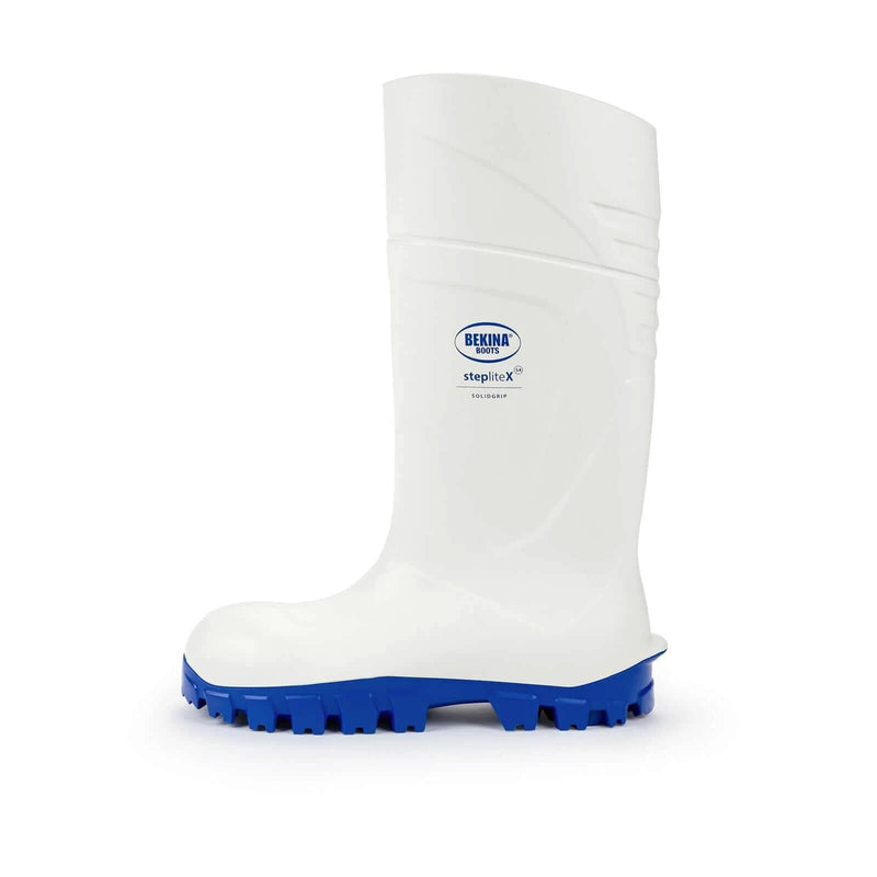 Gumboots Bekina Steplite White SIZE 5 TO 14 UK - high-quality gumboots with blue sole, resistant to oils and chemicals.