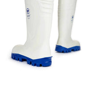 Gumboots Bekina Steplite White SIZE 5 TO 14 UK showing white design with blue sole for comfort and durability.