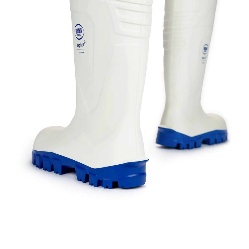 Gumboots Bekina Steplite White SIZE 5 TO 14 UK showing white design with blue sole for comfort and durability.