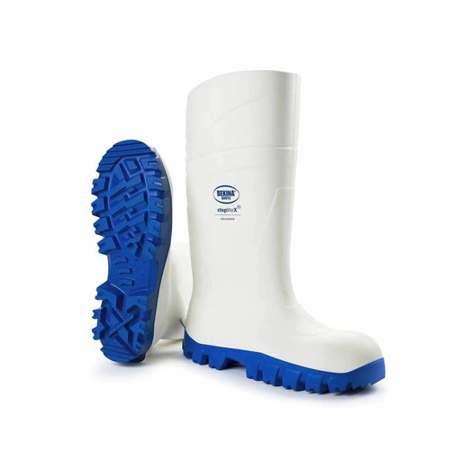 Gumboots Bekina Steplite White SIZE 5 TO 14 UK - High-quality gumboots with blue sole for ultimate comfort and chemical resistance.