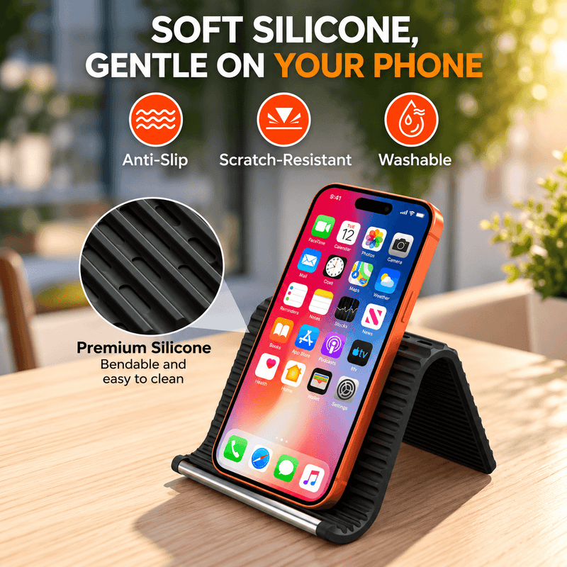 techplus Bendable Silicone Phone Holder – Foldable Mobile, Tablet & Desktop Stand Orange Black Bendable Silicone Phone Holder – Foldable Mobile, Tablet & Desktop Stand Orange Black
