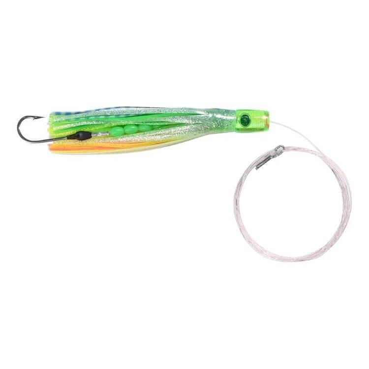 Billmark Canyon Runner Rigged 6 inch Lure Lumo with vibrant colors and attached leader for bluewater fishing.