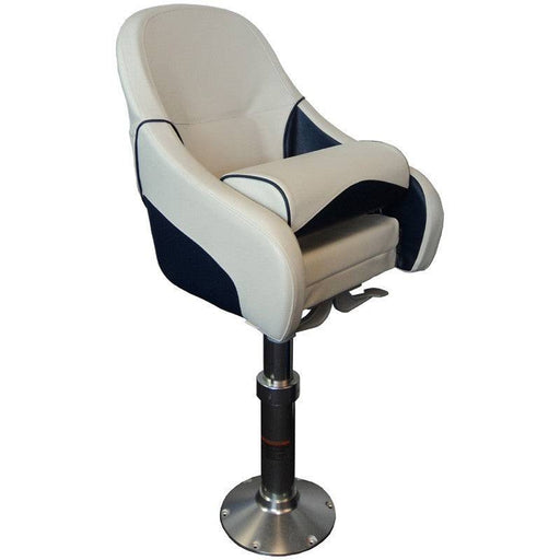 Flip Up Seat White/Navy shown from the front, featuring cushioned design and adjustable pedestal for marine use.