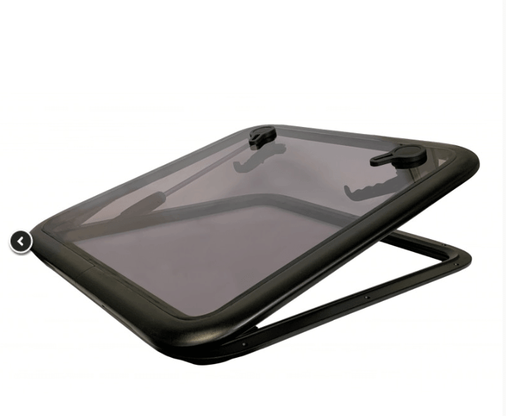 Black Alloy Boat Escape Hatch – Premium Strength, Style, showcasing sleek design with a clear top and sturdy frame.