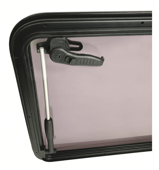 Black Alloy Boat Escape Hatch – Premium Strength, Style, showing the interior handle and locking mechanism.