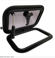 Black Alloy Boat Escape Hatch – Strength, Style, and Safety open to showcase durability and sleek design.