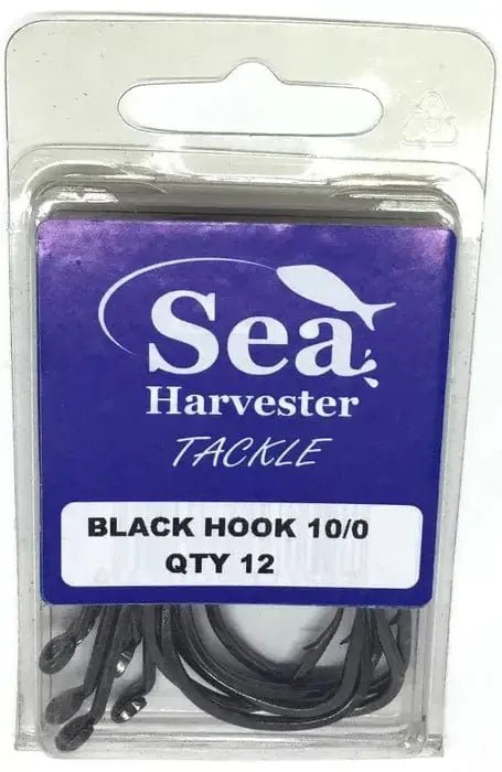 Black Beak Hook 10/0 Bulk 12 pack from Sea Harvester Tackle, displaying high carbon hooks in a clear package.