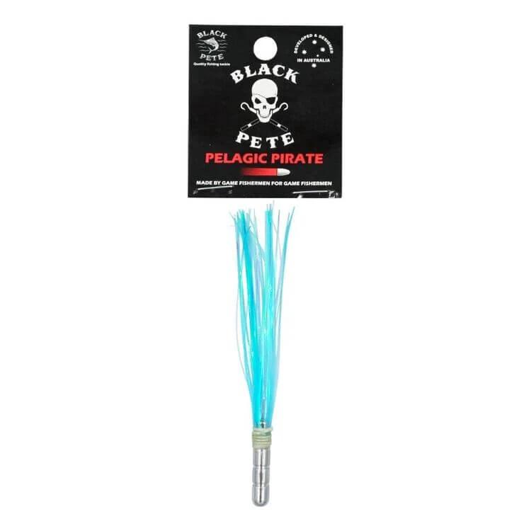Black Pete Pelagic Pirate Flash 4 inch Lure with vibrant blue skirt and packaging, ideal for pelagic fishing.