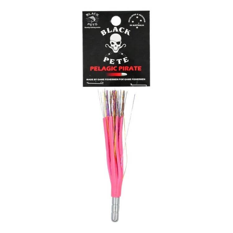 Black Pete Pelagic Pirate F-/Skirt 4" Lure with vibrant pink and Flashabou skirt for bluewater fishing.