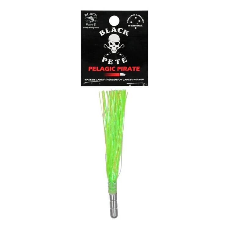 Black Pete Pelagic Pirate Flash 4 inch Lure with vibrant green skirt for pelagic fishing.