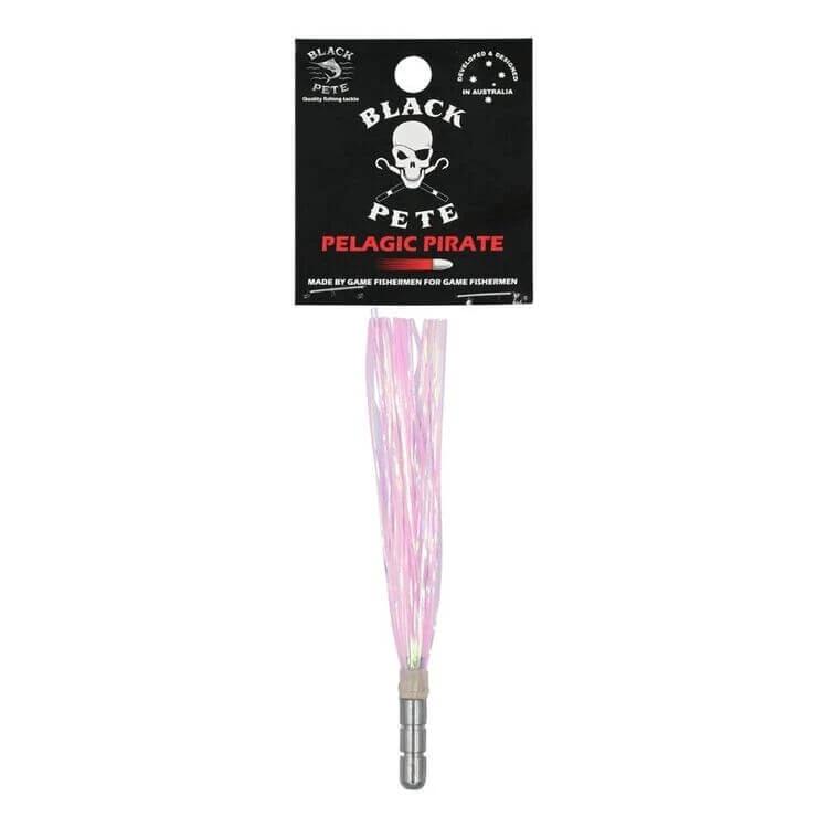 Black Pete Pelagic Pirate Flash 4 inch Lure with pink skirt, packaged for fishing enthusiasts.