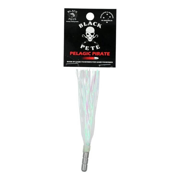Black Pete Pelagic Pirate Flash 4 inch Lure packaging with flash skirt for bluewater fishing.