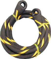 Kevlar Black Snake Short Strop coiled with yellow and black patterns for recovery and lifting tasks.