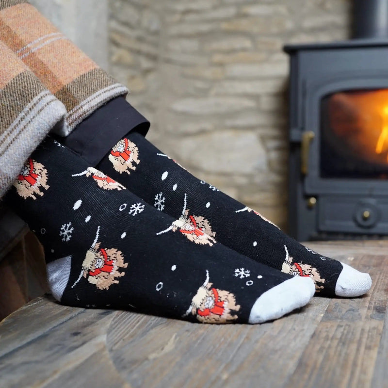 Save the Black Christmas Highland Cow Bamboo Socks by Barekind NZ