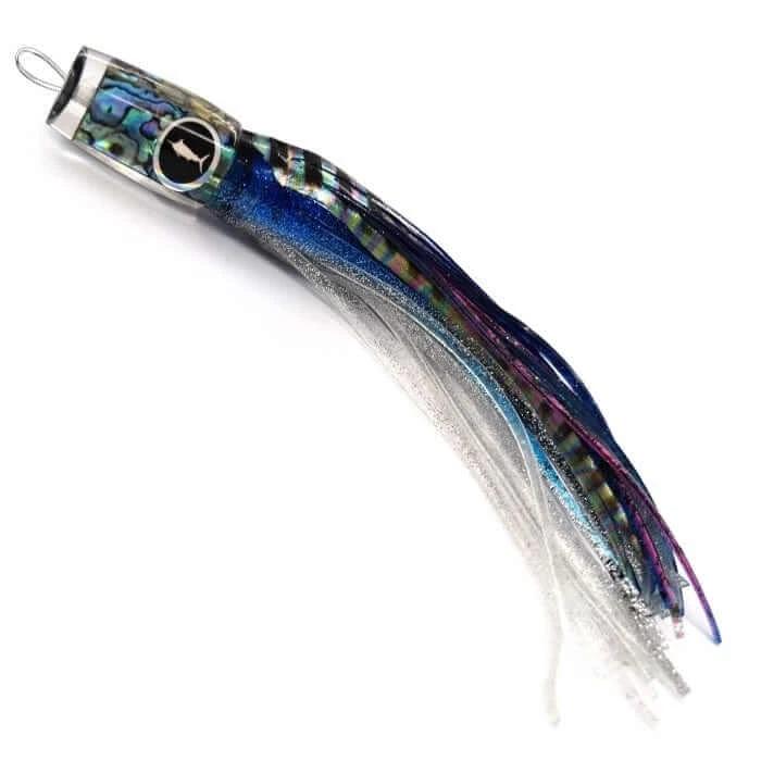 BluewaterSkirt 10" POP BL/BK/SILV colorful silicone skirt fishing lure with unique hand poured head.