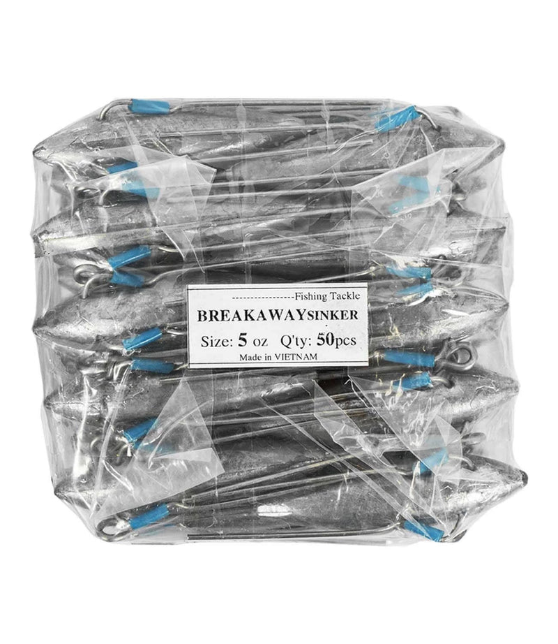 Breakaway Sinker Bulk Pack 5oz (50 per pack) wrapped in plastic showcasing surfcasting sinkers.