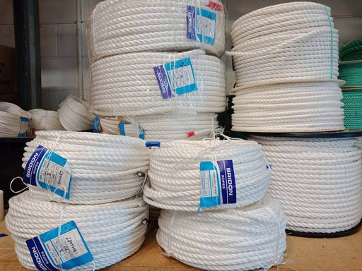 Danline Polypropylene Rope Pack displayed in various lengths and thicknesses in a storage area.