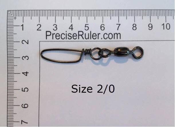 2/0 Crane Swivel with Coastlock Snap x 20pcs size comparison on a ruler.