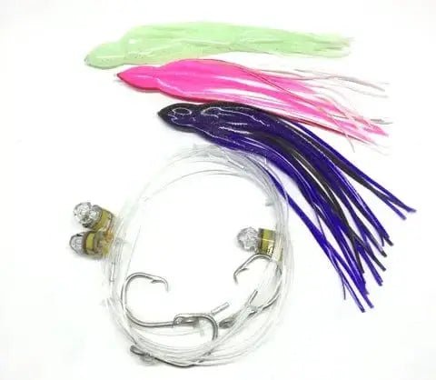 Broadbill Rig 18/0 Circle Triple Pack with colorful skirts and LED strobes in a mesh bag.