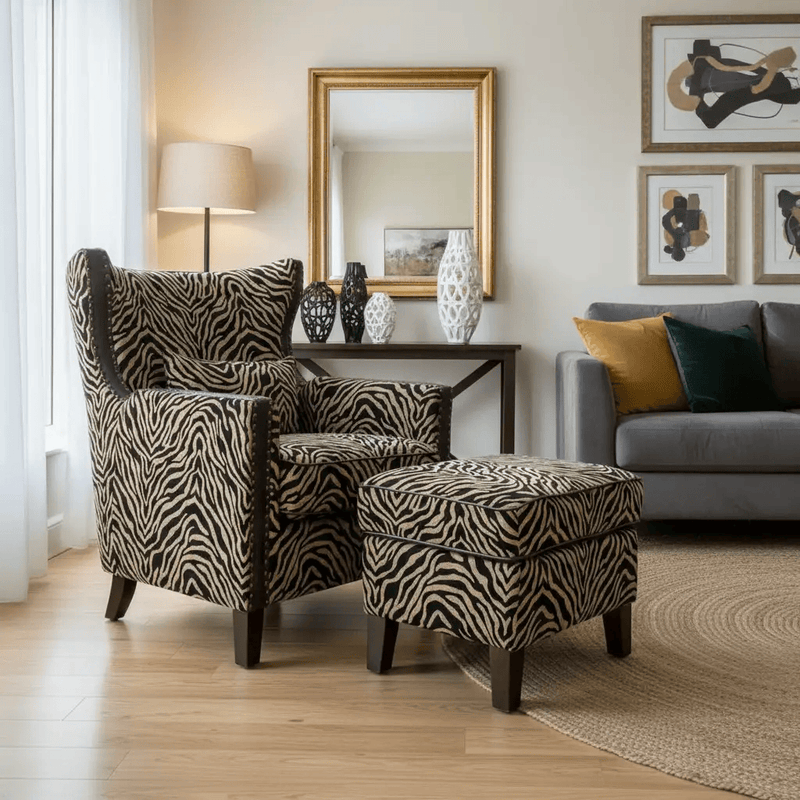BroDeals Arm Chairs, Recliners & Sleeper Chairs Occasional Arm Chair with Ottoman - Zebra Print Occasional Arm Chair with Ottoman - Zebra Print