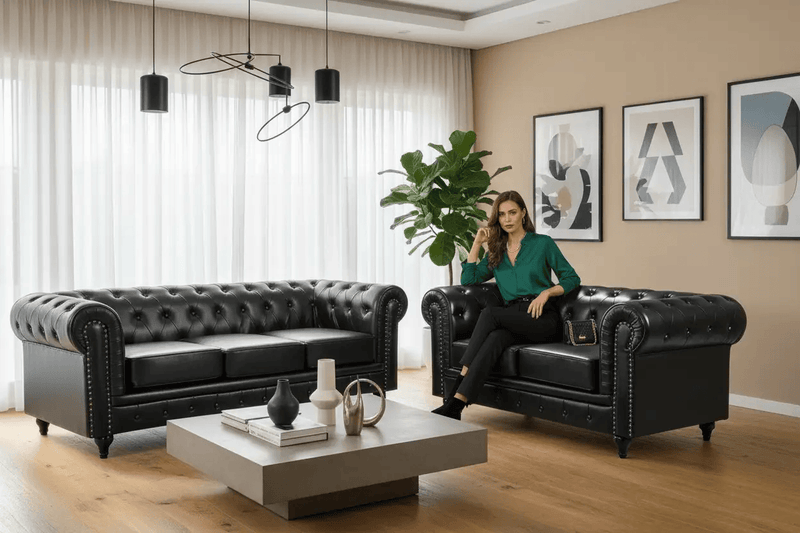 BroDeals Lounge Suite Boston Faux Leather Chesterfield Sofa Set - 3+2 - Black Boston Faux Leather Chesterfield Sofa Set - 3+2 - Black