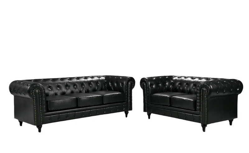 BroDeals Lounge Suite Boston Faux Leather Chesterfield Sofa Set - 3+2 - Black Boston Faux Leather Chesterfield Sofa Set - 3+2 - Black