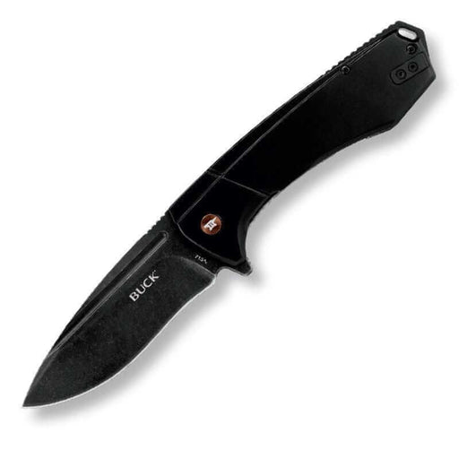 Buck Knife 713 Ruckus Black folding knife with drop point blade and frame lock design.