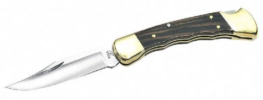 Buck 110 Folding Hunter Finger Grooved knife with a wooden handle and stainless steel blade.