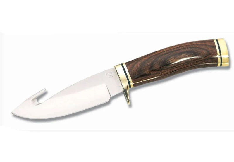 Buck 191 Zipper DymaLux Handle with a gut hook design and elegant wood handle.