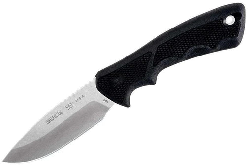 Buck 684 BuckLite Max II Small knife with black rubber ergonomic handle and drop point blade.