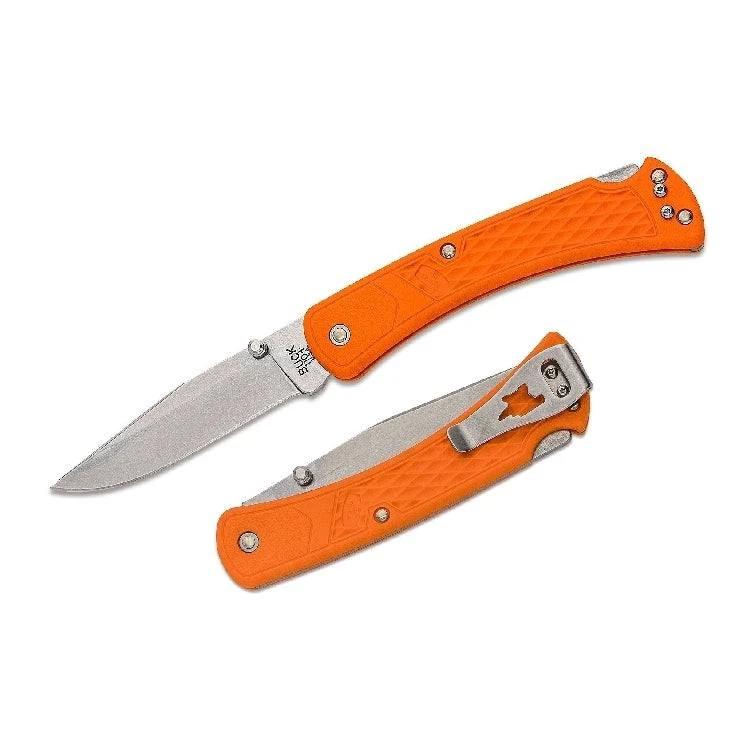 Buck 110 Folding Slim Blaze Orange knife with vibrant orange handle and stainless steel blade.