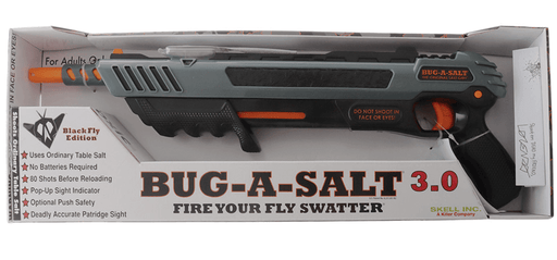 BUG-A-SALT 3.0 Fly Salt Gun packaging with instructions and features overview, Bug-Beam - Black Fly 3.0 version.