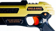 Bug-A-Salt 3.0 Yellow salt gun with safety warning for fly elimination.