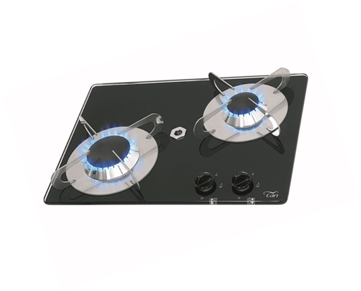 CAN 2 Burner Gas Hob Crystal Finish - Elegant black glass design with blue flame burners, perfect for cooking in style.