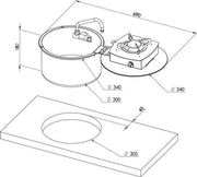 CAN Round Foldable Single Gas Hob with Sink technical drawing showing dimensions and design schematic.