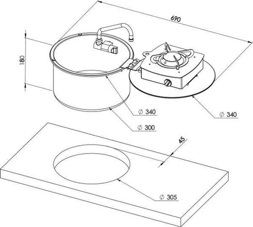 CAN Round Foldable Single Gas Hob with Sink technical drawing showing dimensions and design schematic.