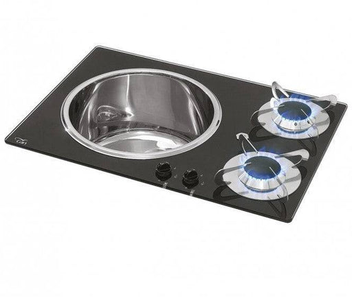 2 Hob complete with Sink - Glass Finish featuring two burners and a stainless steel sink.